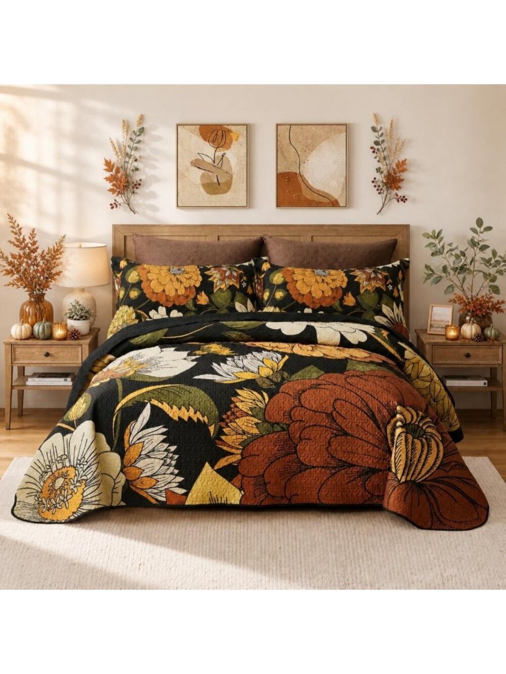 Boho Floral 3-Piece Black Quilt Bedding Set for Full/Queen Size - Cozy & Stylish